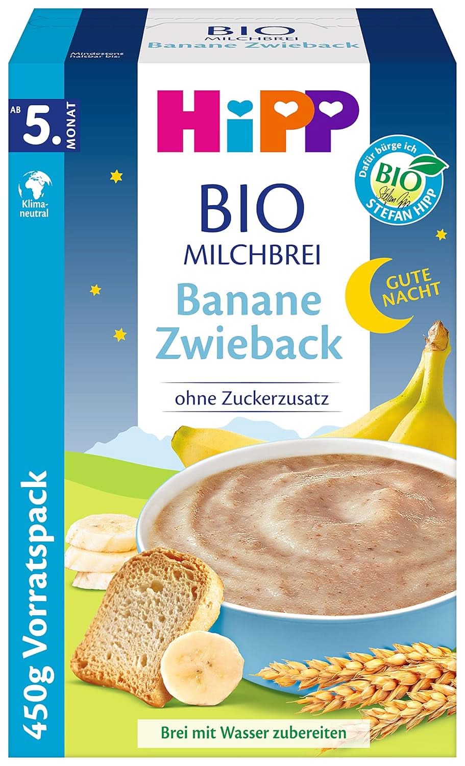 Hipp Bio-Milchbrei ohne Zuckerzusatz, Grieß und Banane, Vorratspackung (4X450 Gramm) Mutter und Kind Naty Shop 4 x 450 Gramm Bananen-Zwieback