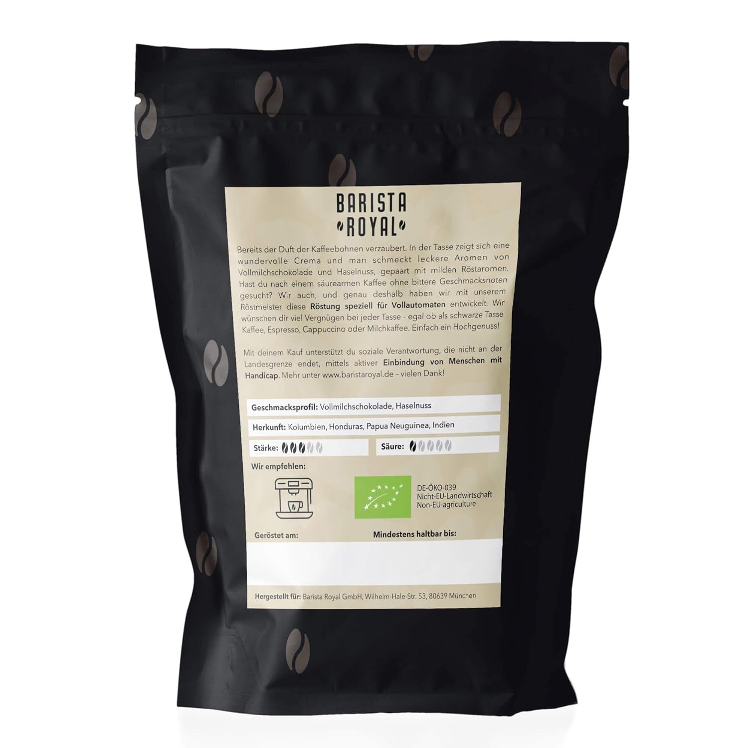 Kaffee für Vollautomat "Barista Royal" – 1kg Bio-Kaffeebohnen – unkomplizierter Genuss für Cafe Crema, Cappuccino und mehr – Perfekt für DeLonghi, Philips, Krups, Jura Vollautomatenkaffee