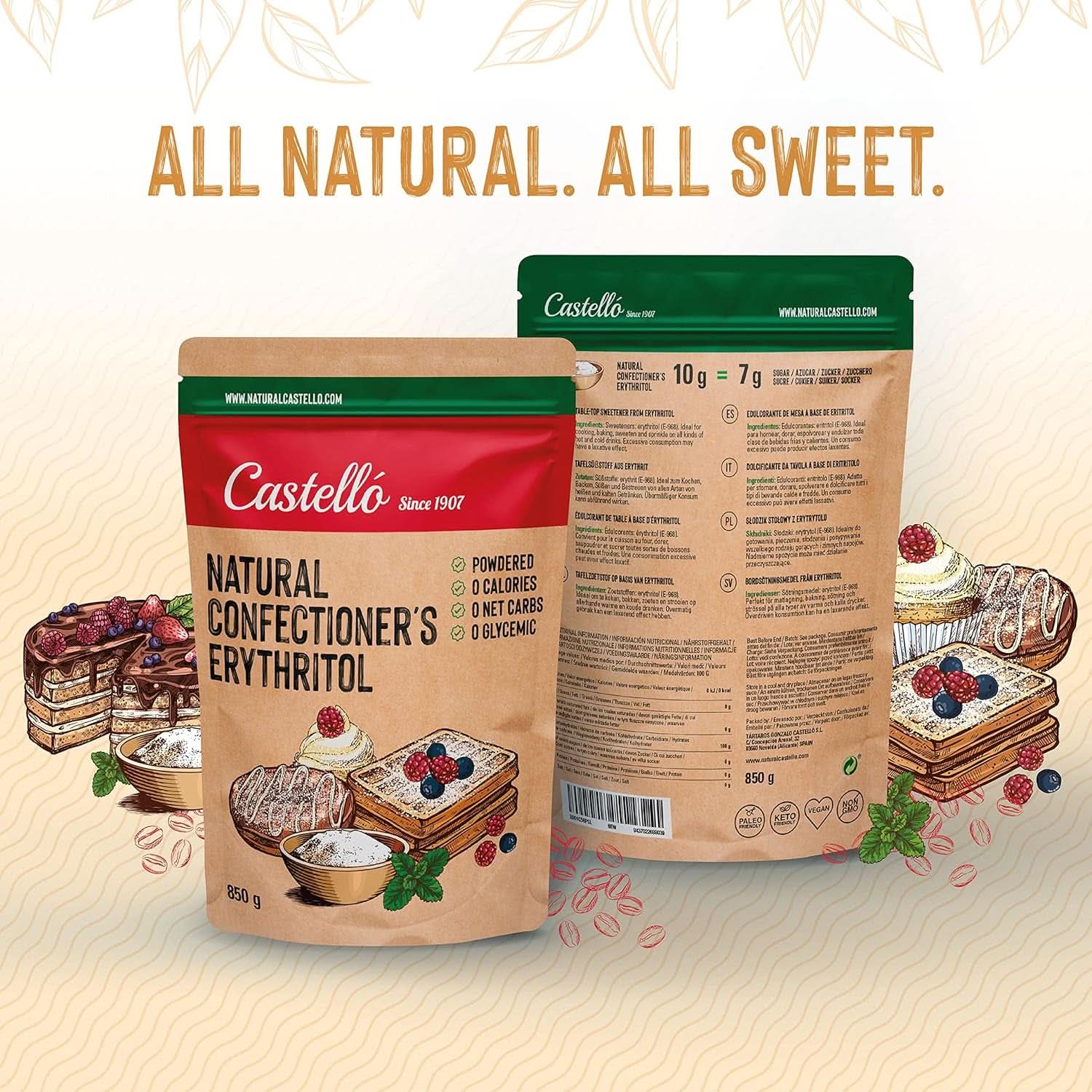 Natürliches Erythrit – Puderzucker | 10G = 7G Zucker, 850 Gramm Süßstoffe Naty Shop