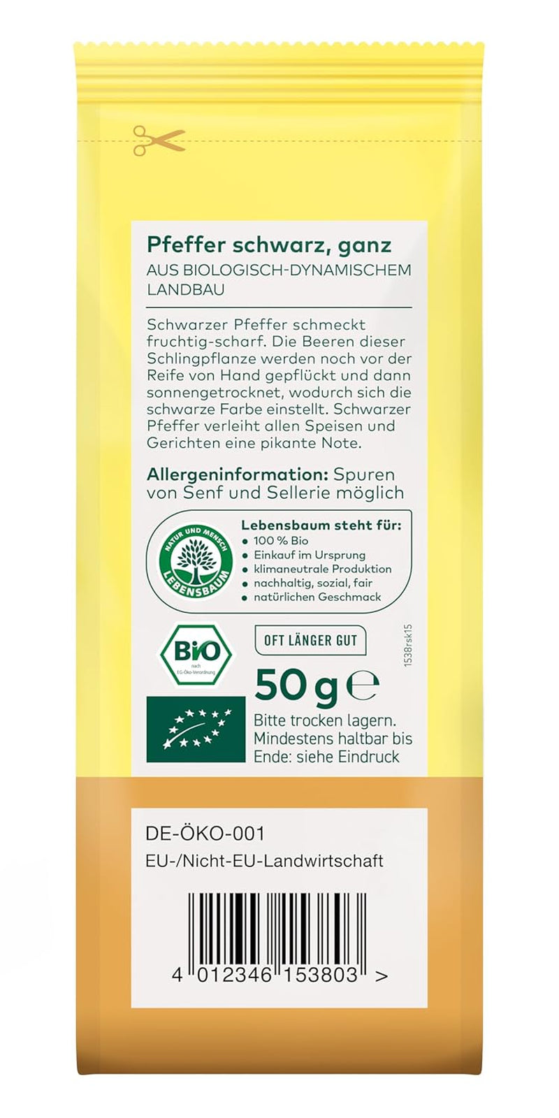 Lebensbaum Schwarzer Pfeffer, fruchtig scharfer Genuss, Bio-Pfeffer für Sossen, Beilagen aller Art, Ofengemüse & Fleisch, ganz, 50 g
