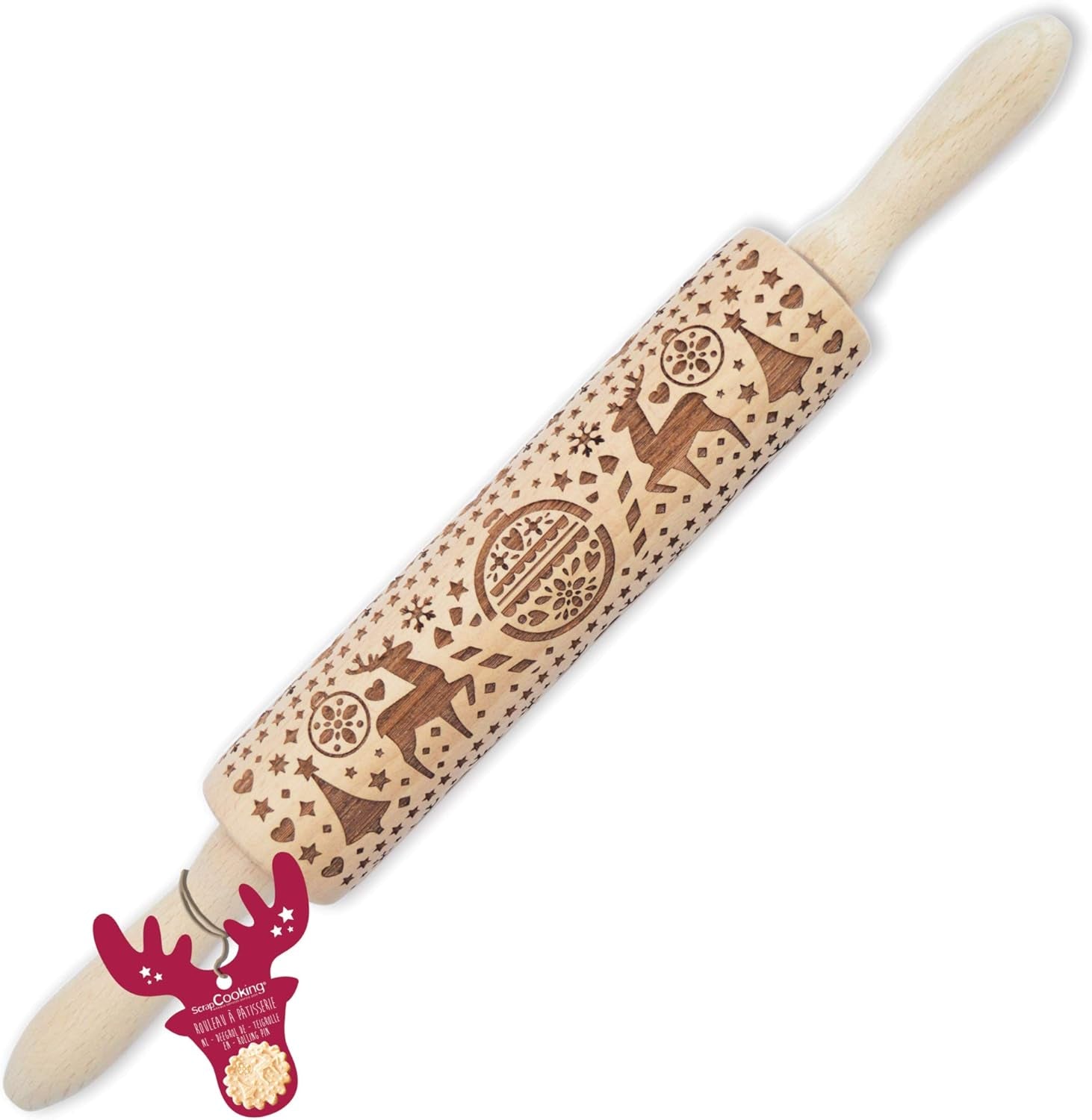 Scrap Cooking Teigrolle aus Holz „Xmas“ mit weihnachtlichen Motiven – Prägerolle mit gepfragten Verzierungen für Kekse – dekoratives Zubehör – 5242