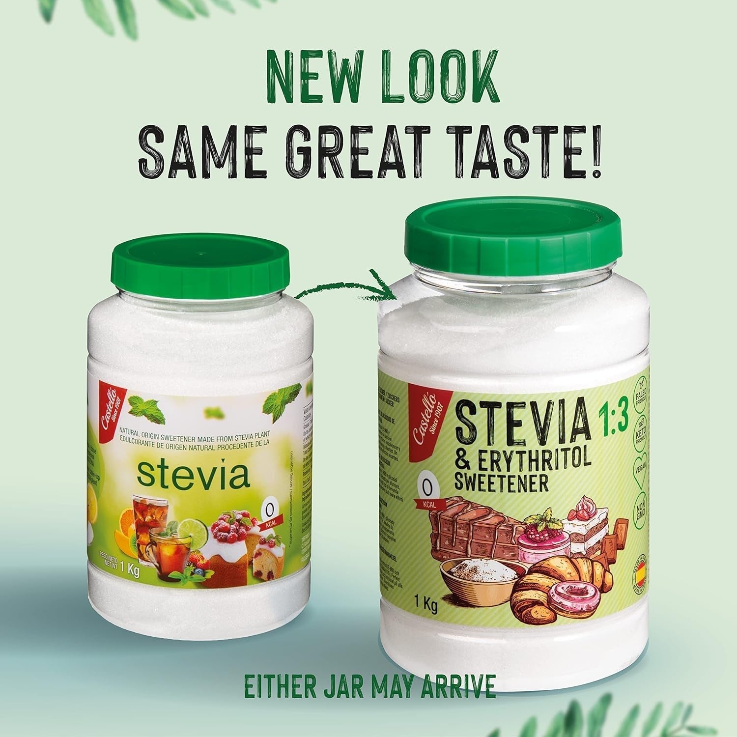 Stevia + Erythritol 1:3 Süßstoff | 1G = 3G Zucker | 100 % natürlicher Zuckerersatz – 0 Kalorien – 0 glykämischer Index – Keto und Paleo – 0 Netto-Kohlenhydrate – kein GVO – Castello seit 1907 – 1 kg Süßstoffe Naty Shop