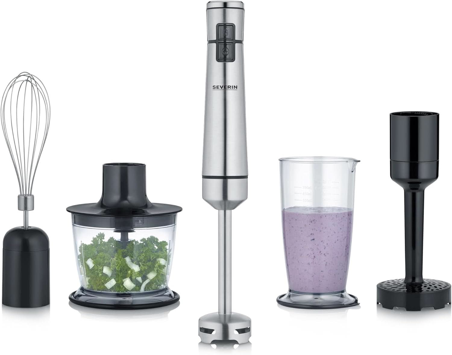 SEVERIN Kabelloser Stabmixer Mit Premium-Set, Abnehmbarer Mixstab, Mit Pürierstab, Multizerkleinerer, Mixbehälter, Kartoffelstampfer & Schneebesen, Schwarz/Edelstahl-Gebürstet, SM 3775 Mama si Copilul Naty Shop Kabellos Inkl. Premium-Zubehör