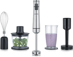 SEVERIN Kabelloser Stabmixer Mit Premium-Set, Abnehmbarer Mixstab, Mit Pürierstab, Multizerkleinerer, Mixbehälter, Kartoffelstampfer & Schneebesen, Schwarz/Edelstahl-Gebürstet, SM 3775 Mama si Copilul Naty Shop Kabellos Inkl. Premium-Zubehör