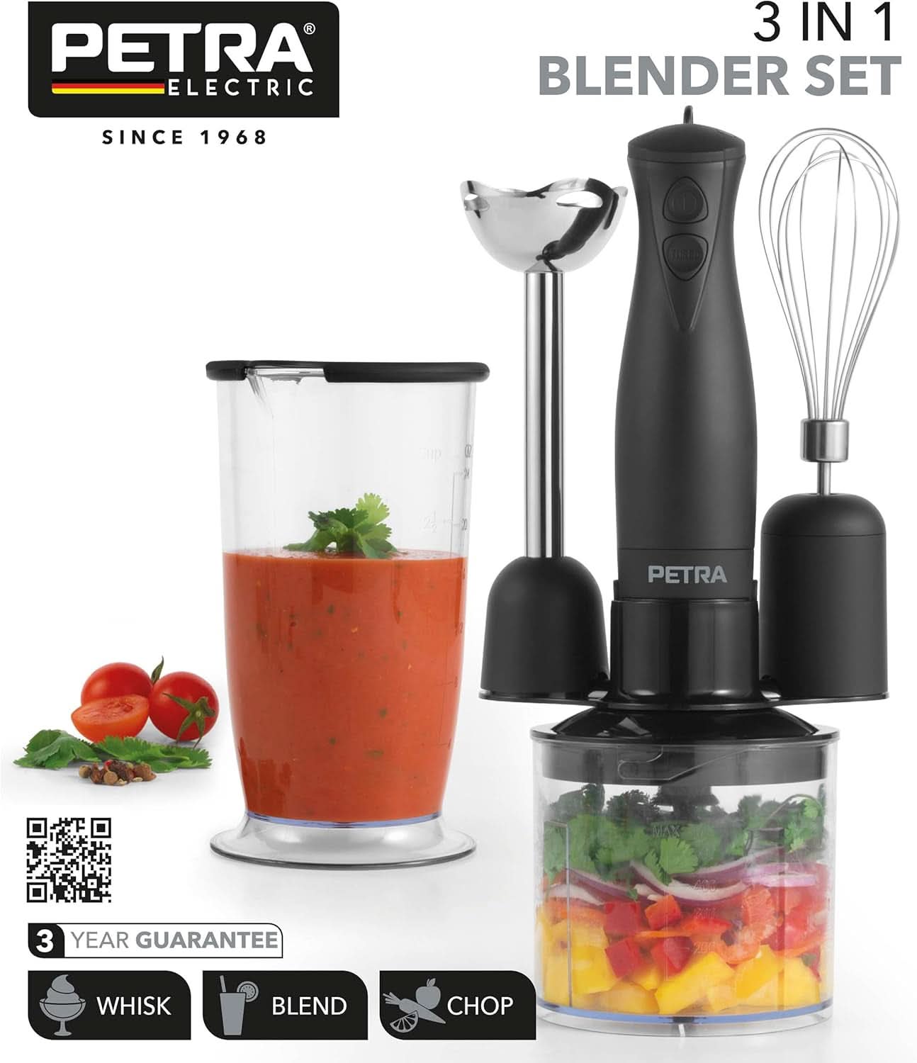 Petra PT2827BMBLKVDE 3-In-1 Mixer – Bpa-Free Attachments, 500Ml-Schüssel, 700Ml-Becher, Schneebesen, Mixen, Zerkleinern, 2 Geschwindigkeiten, Edelstahlklingen, Für Babynahrung, Smoothies, Saucen, 350W Mutter und Kind Naty Shop