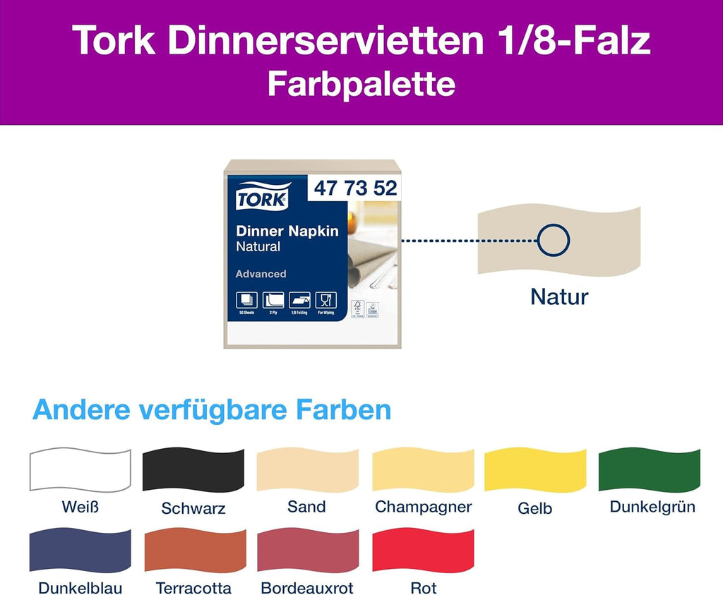 Șervețele Tork Dinner Napkins Natural, 1/8 Fold, 2 straturi, 150 șervețele, 19,8 cm X 9,8 cm, 477352