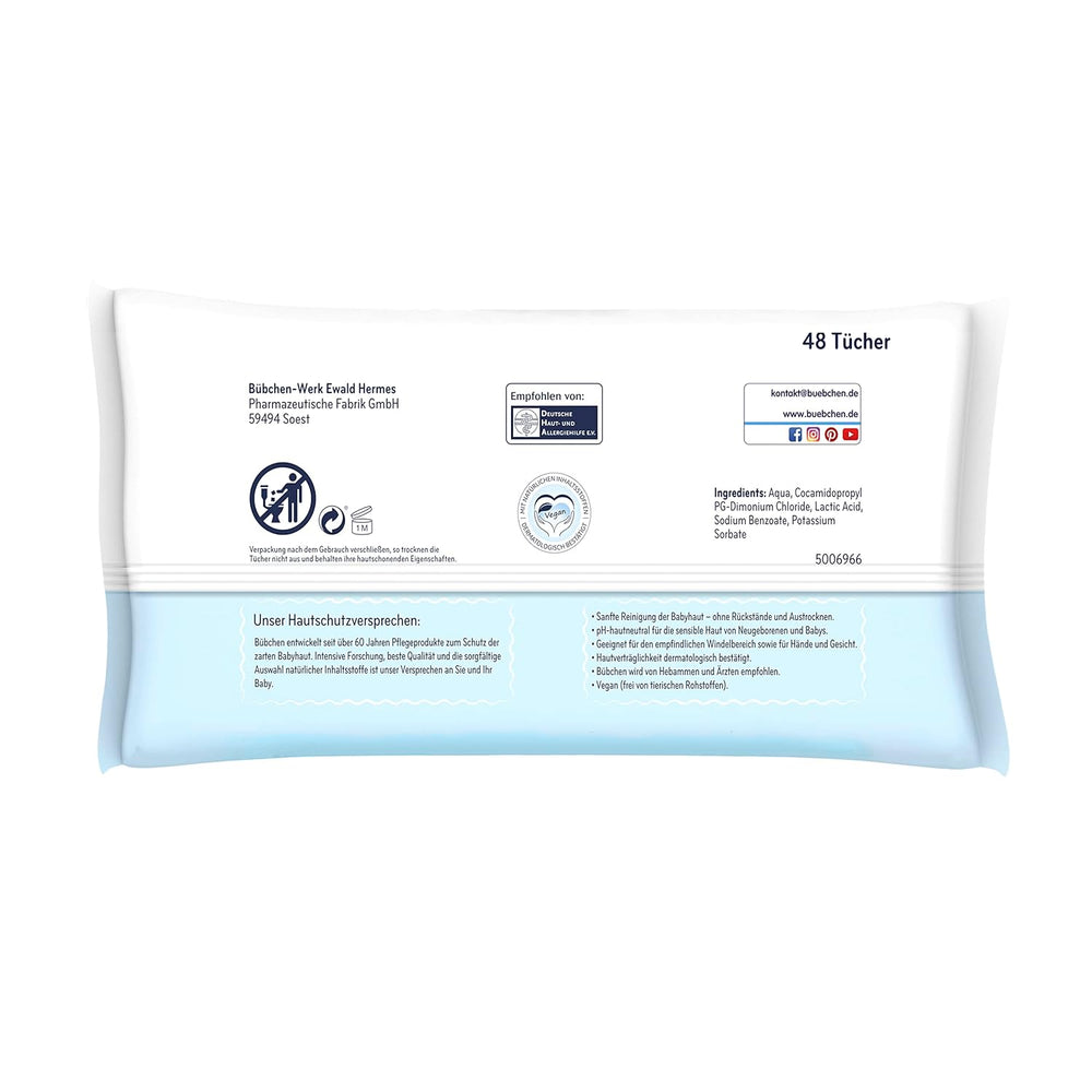 Bübchen Aqua Touch Baby Feuchttücher 144 Stück (3 x 48) – Pflegetücher für empfindliche Haut mit 99 % reinem Wasser, Feuchttücher für Neugeborene und Babys