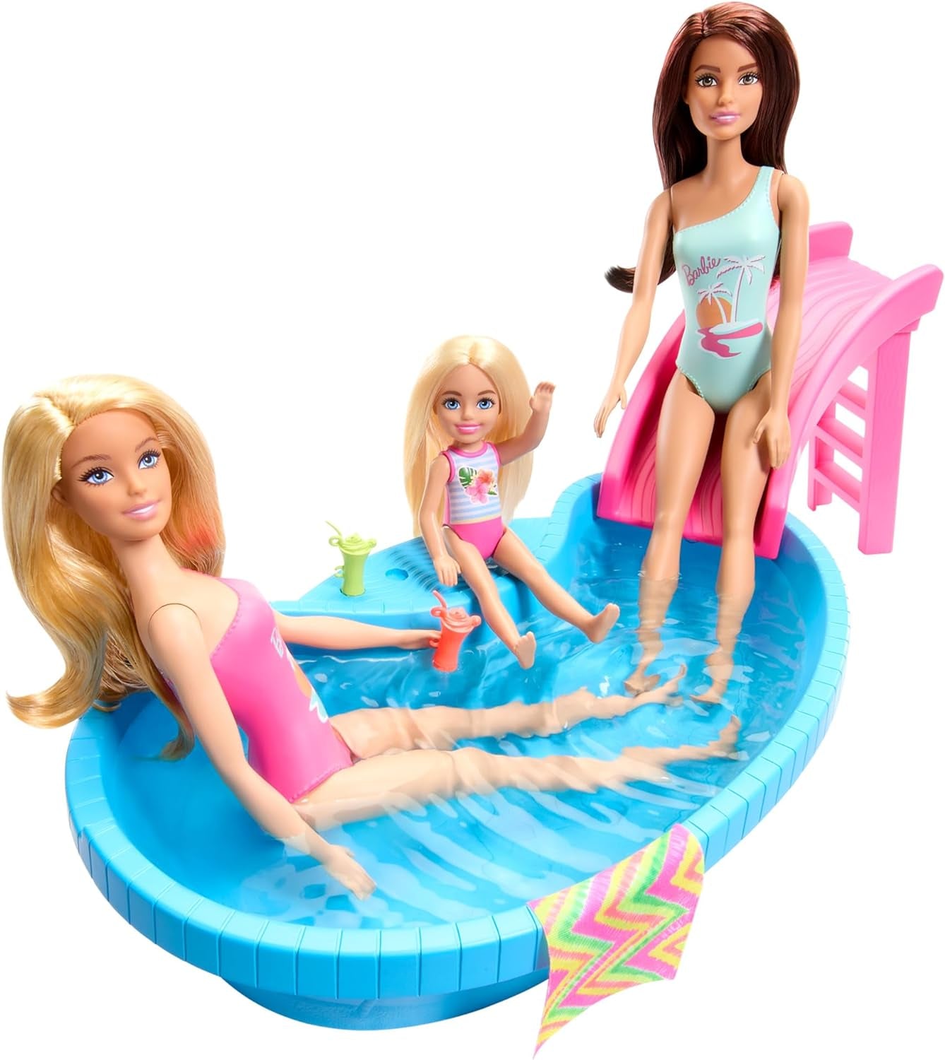 Barbie-Puppe und Zubehör – Pool mit Rutsche und Zubehör für stundenlangen Spaß in der Sonne, rosa Badeanzug mit tropischem Design, für Kinder ab 3 Jahren, HRJ74 Naty Shop Dollhouses