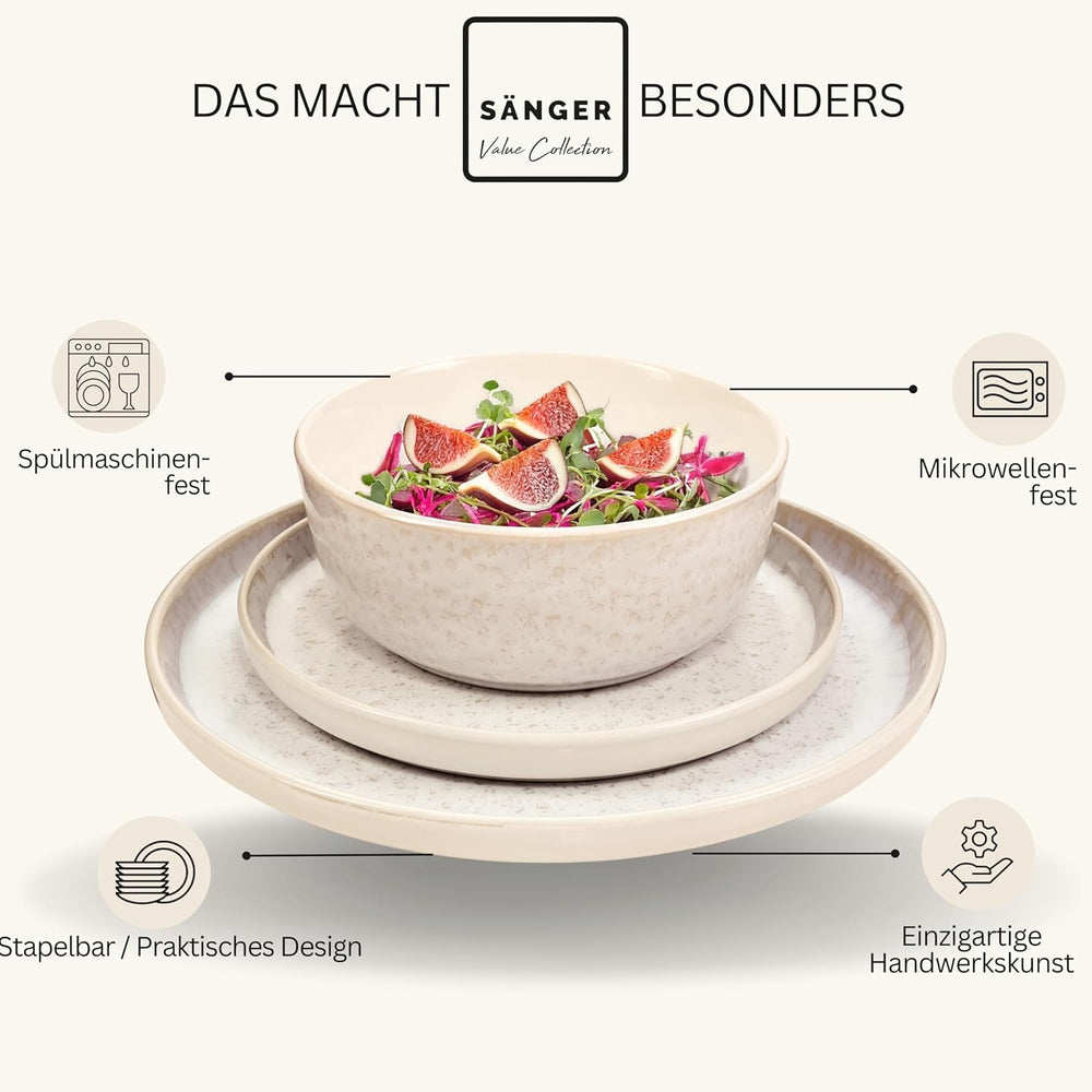 SÄNGER Key West | Set de veselă din gresie, 24 de piese, set de farfurii pentru 6 persoane, 6 farfurii de cină, boluri pentru cereale, farfurii pentru desert, boluri pentru paste, veselă de culoare crem cu textură nisipoasă | COLECȚIA VALUE