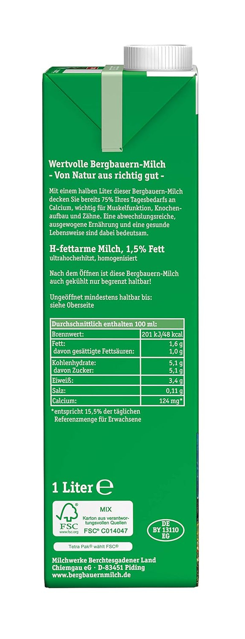 Berchtesgadener Land Haltbare Bergbauern-Milch, 1,5% Fett, 12er Pack (12 x 1 l)