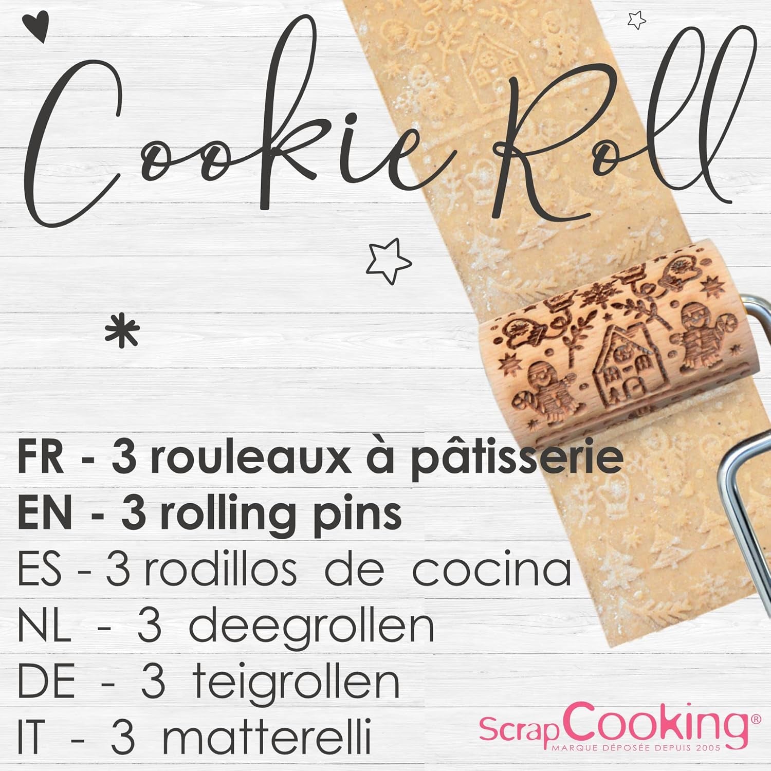 ScrapCooking 3798 Christmas Cookie Roll Set – 3 Mini-Gebäckrollen aus Holz mit Motiven – Dekos mit Prägung – Form für Kekse, Sandgestrahlt, Kekse