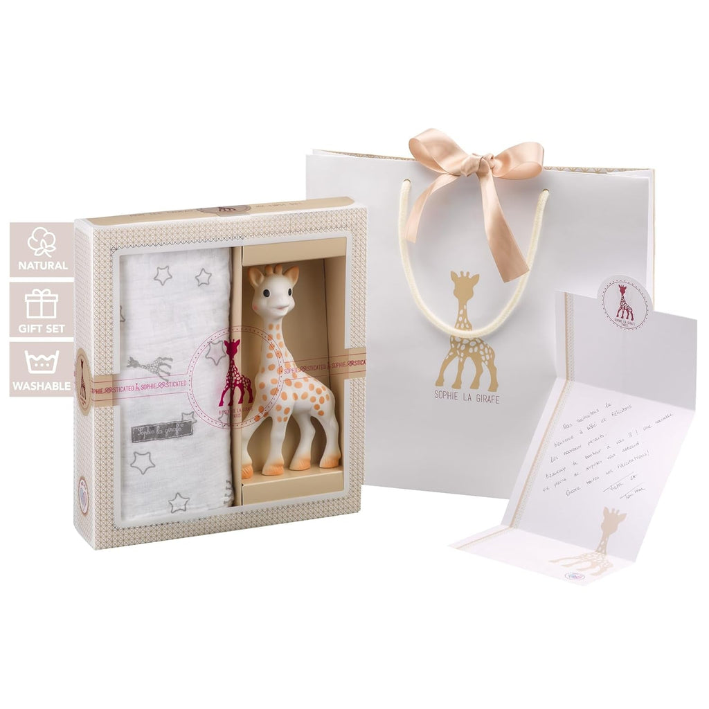 Sophie girafa set cadou de naștere Sophiesticated zornăitor pouet 00012 Jucarii Bebe Naty Shop Stele Sophie La Girafe set de pătură și jucărie pentru dentiție pentru copii