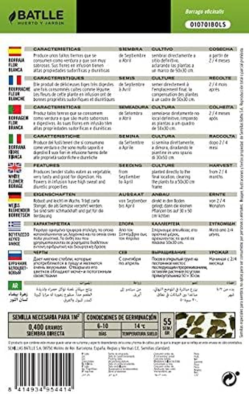 Batlle Gemüsesamen - Borretsch-Gurkenkraut Weissblühend (275 Samen)