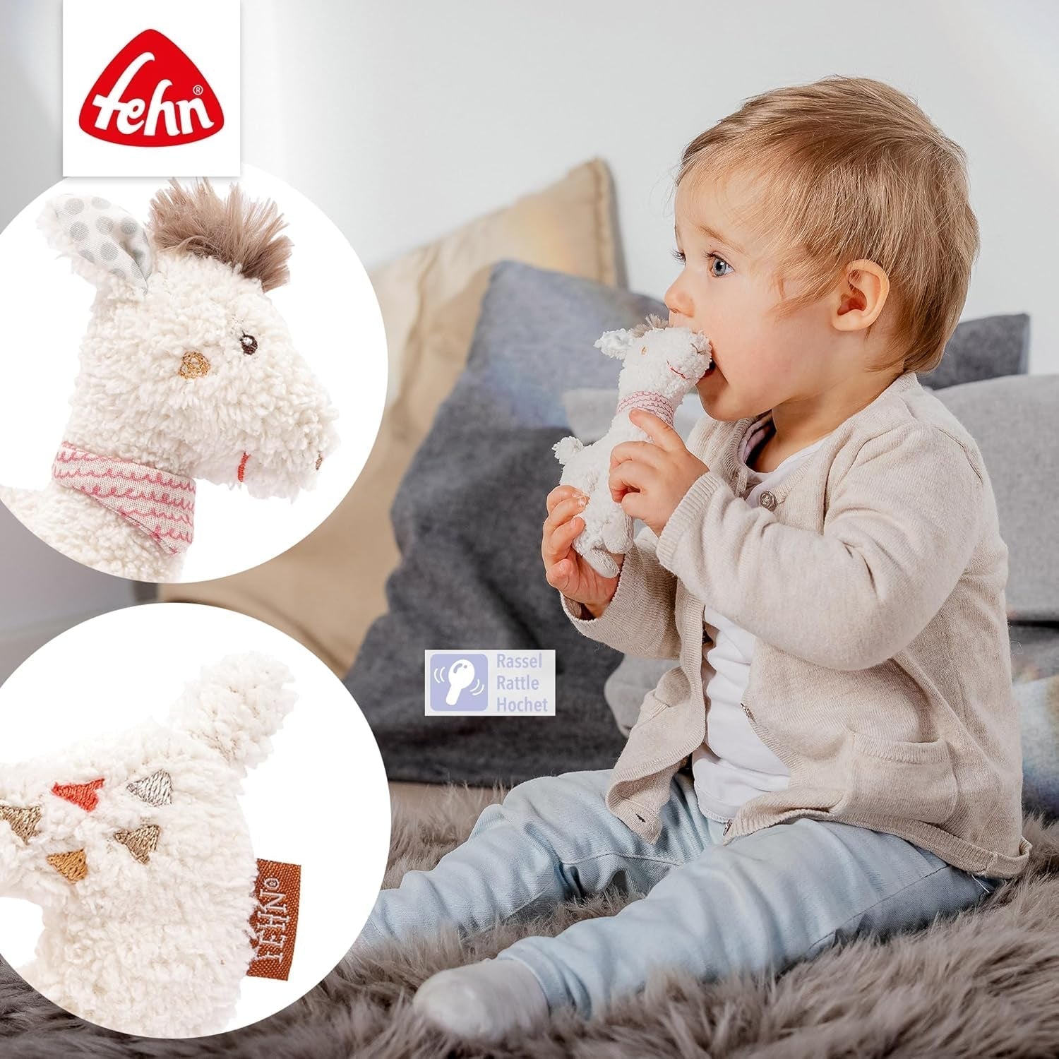 Fehn baby ring grasping toy lama - jucărie de pluș pentru bebeluși cu zornăitor - jucărie pentru abilități motorii pentru învățare jucăușă - jucărie de pluș ca ajutor pentru somn - jucărie pentru bebeluși și copii mici de la 0+ luni Jucarii Bebe Naty Shop