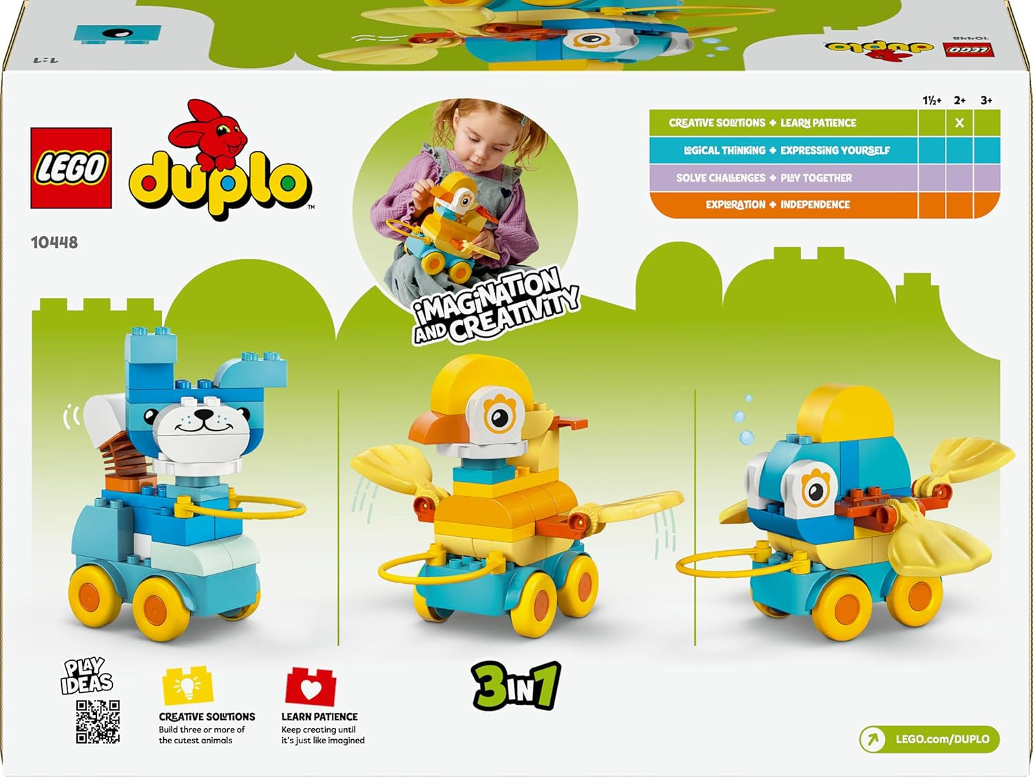 LEGO DUPLO Town Tiere auf Rädern 3-in-1-Set – Montessori Spielzeug zum Bauen von Ente, Fisch oder Hund mit Rädern und Ziehgriff – Geschenk für Mädchen und Jungen ab 2 Jahren – 10448