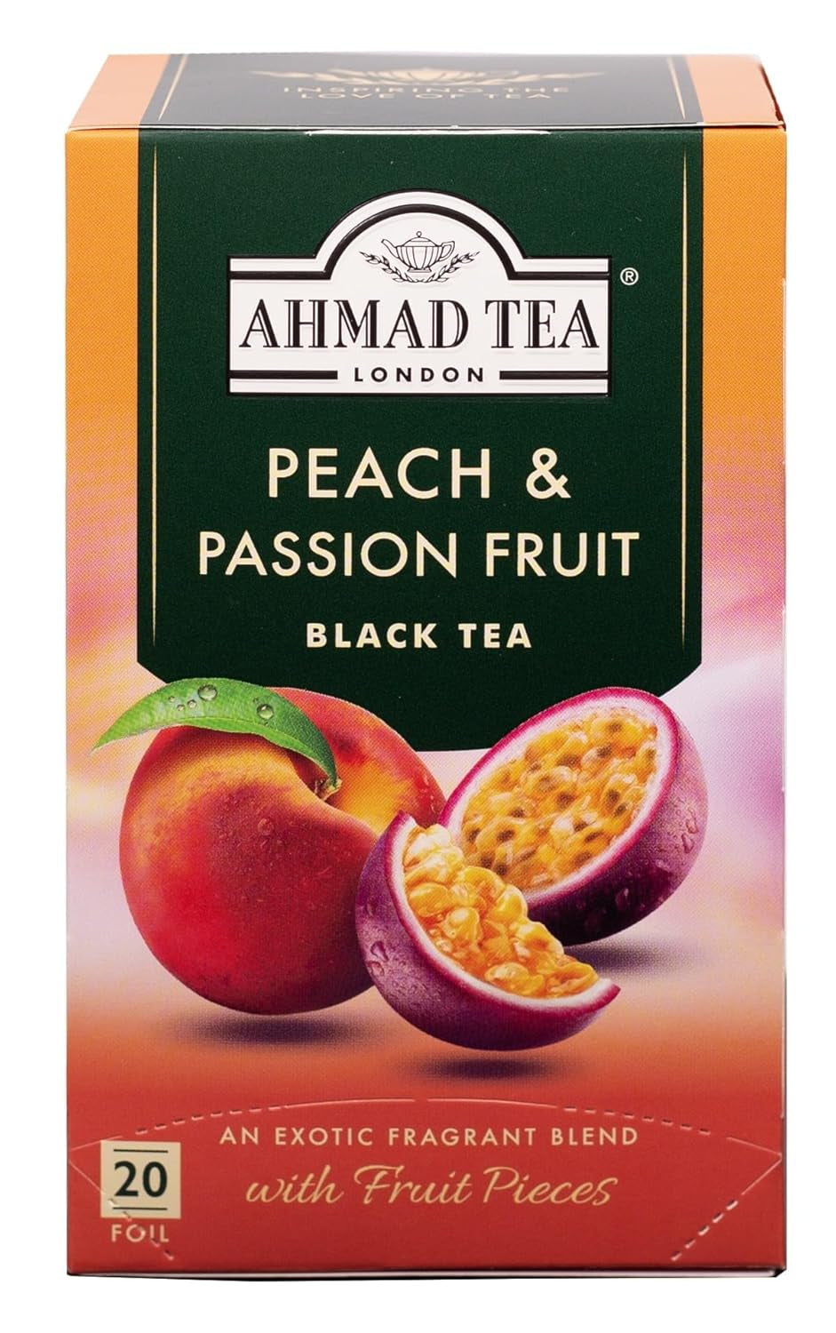 Ahmad Tea - Fruit Tea Selection - Sortiment de ceaiuri de fructe din ceai negru - Măr, piersică și fructul pasiunii, căpșuni, lămâie și lime - Ambalate individual și sigilate pentru păstrarea aromelor - 20 pliculețe de ceai cu bandă