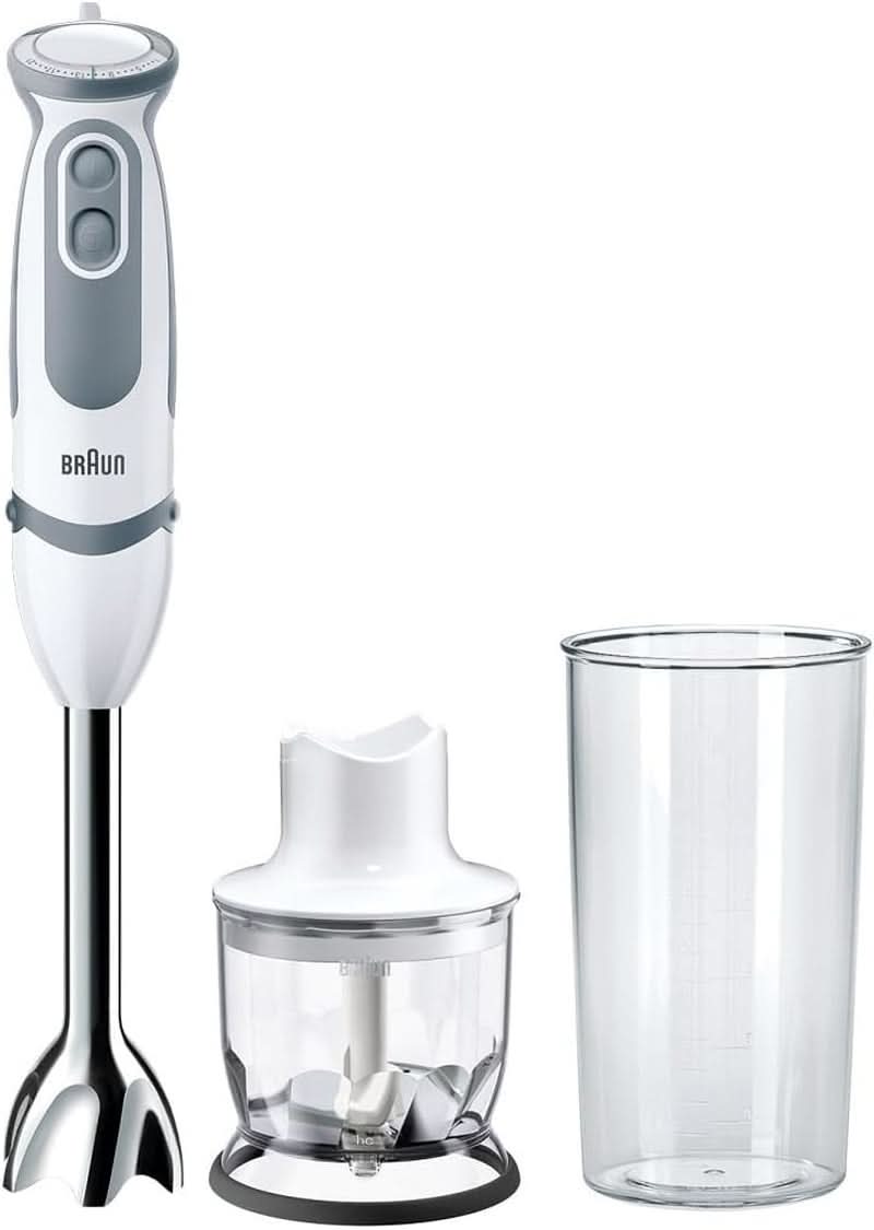 Braun Stabmixer MQ 5200WH - Multiquick 5 Vario Pürierstab Mit Edelstahl Mixfuß, 1000 Watt, Inkl. 600 ml Mix- & Messbecher, Weiß/Grau Kitchen Naty Shop Version 2019 – Zerkleinerer