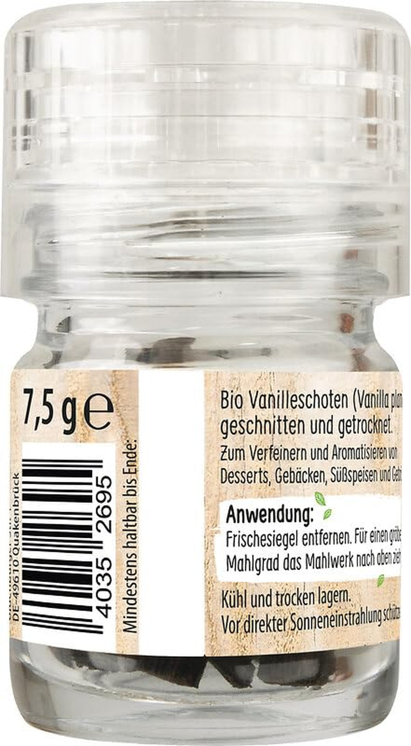 RUF Bio Bourbon Vanille-Mühle, Gewürz-Mühle aus aromasicherem Glas, Vegan, Verstellbares Mühlwerk, Vanilleschoten zum Backen und Kochen, 1 x 7,5 g
