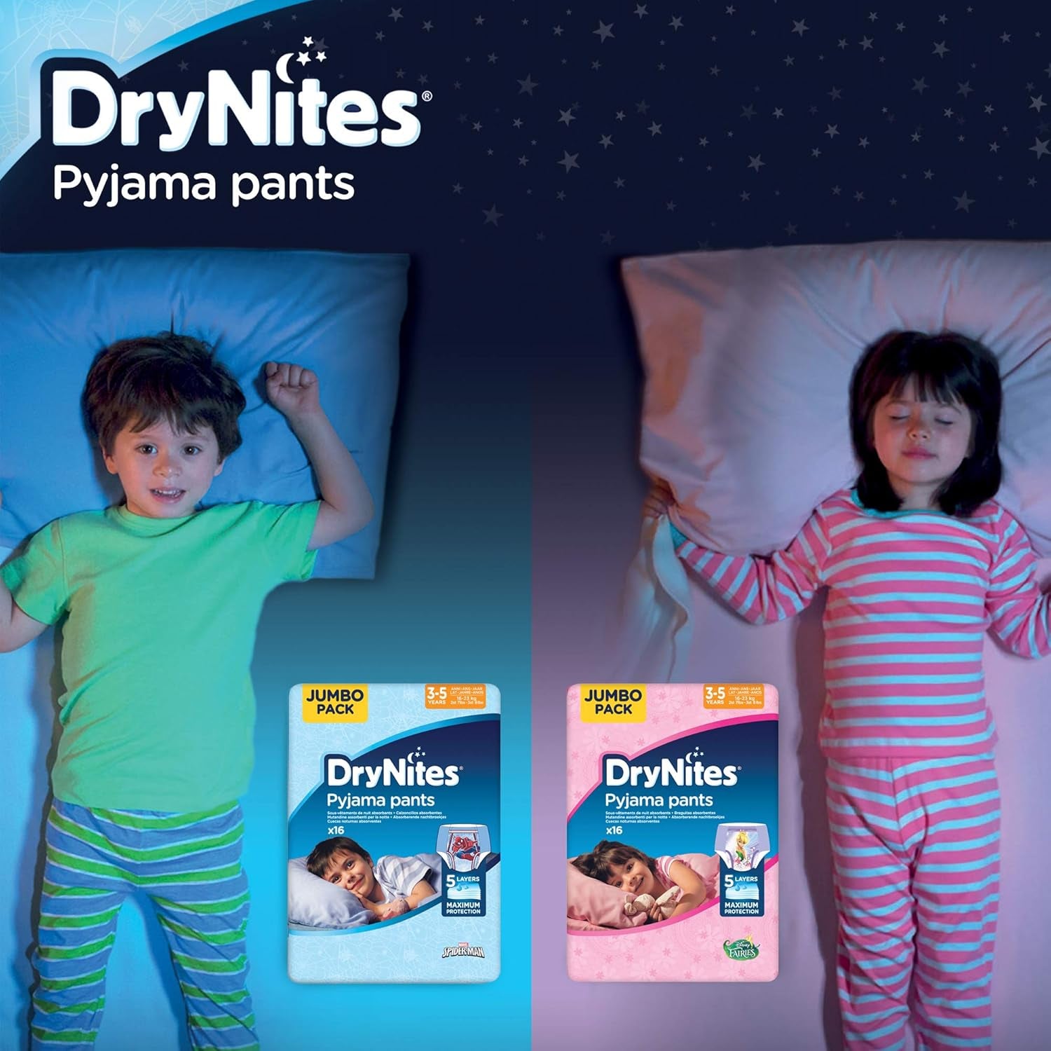 DryNites Pyjamahosen für Mädchen 3–5 Jahre, 1 Packung (1 x 16 Stück)