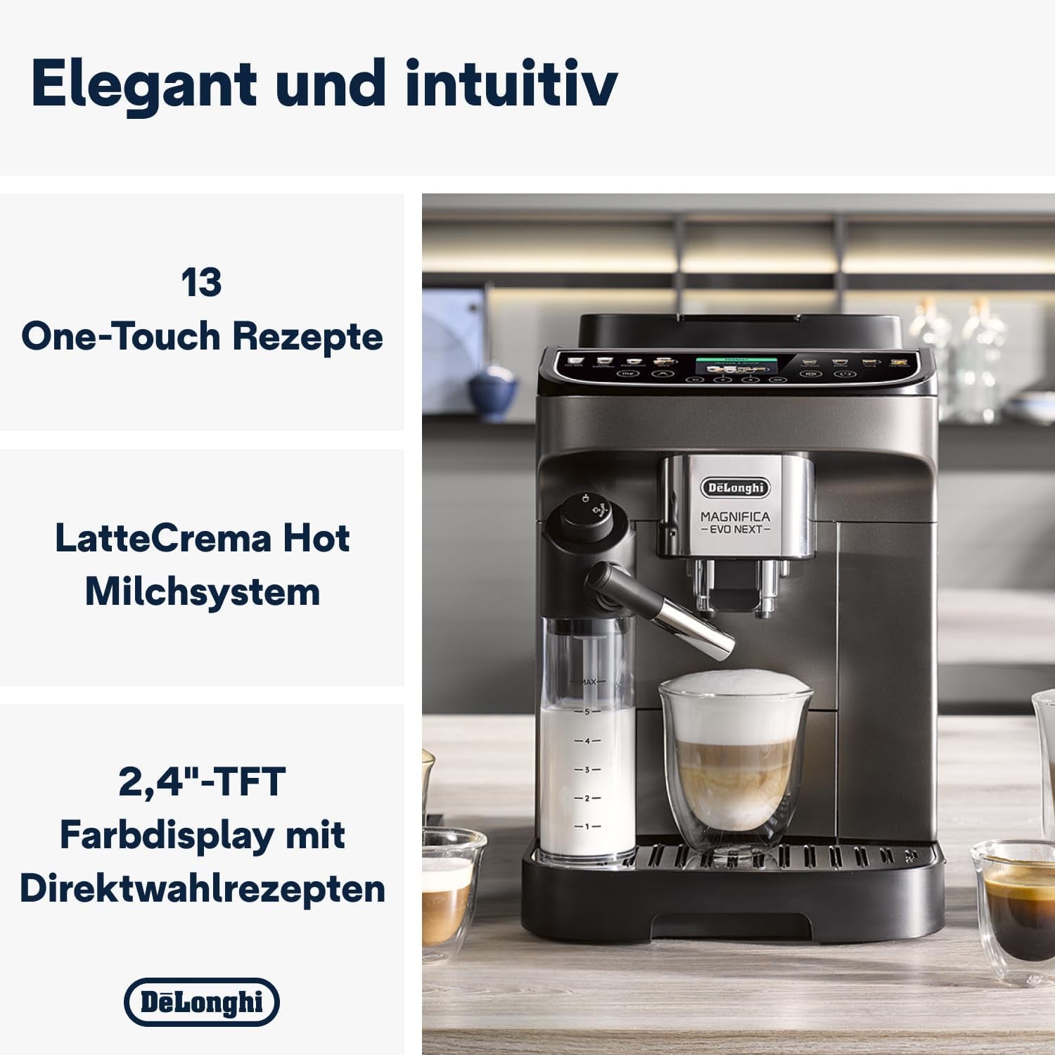 De'Longhi Magnifica Evo Next - Perfetto Espressor complet automat cu spumator de lapte LatteCrema, 13 băuturi cu o singură atingere, aparat de cafea și cappuccino, ecran tactil color, titan (ECAM312.80.TB)