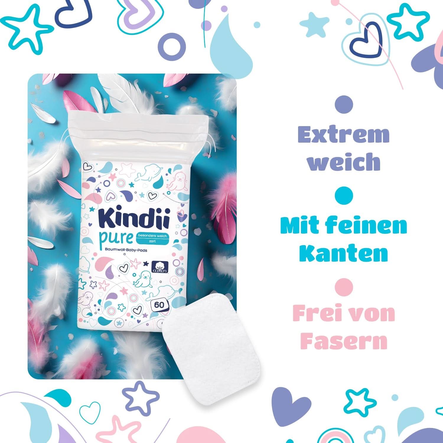 Kindii Pure Baby Pads – 100 % Baumwolle – Große quadratische Pads für empfindliche Haut – Ersetzt Feuchttücher – Weich – Weiche Kanten Baby-Feuchttücher Naty Shop