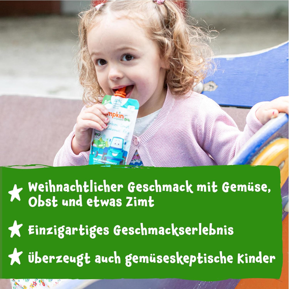 Pumpkin Organics Bio Gemüse-Getreide-Quetschie Kürbis, Birne, Apfel, Pflaume, Hafer ohne Zuckerzusatz¹ - ab 8 Monaten - als Snack oder Beikost für unterwegs (100g)