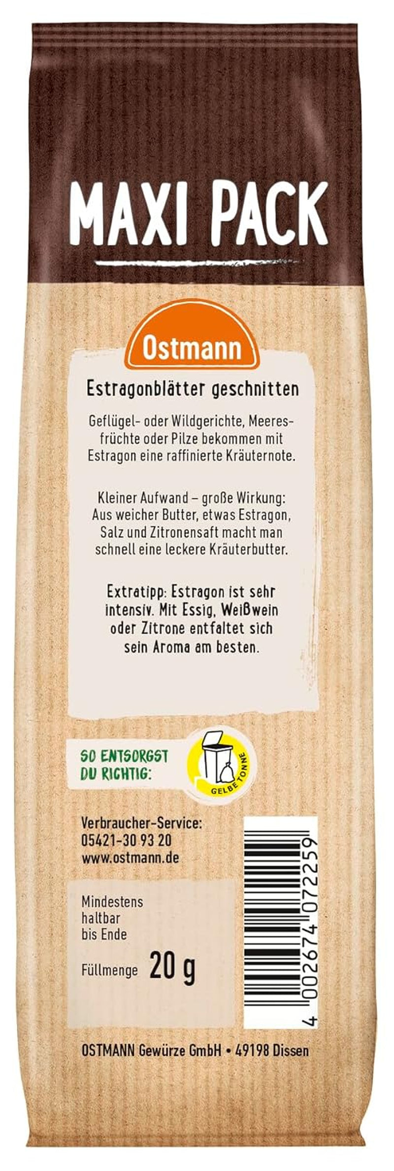 Ostmann Gewürze - Estragonblätter geschnitten | Zum Verfeinern von Salatsaucen, Gemüsegerichten und Remouladen | 20 g im Beutel