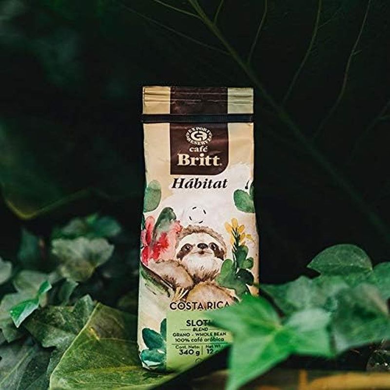 Café Britt® - Amestec Costa Rican Habitat Sloth Blend (340 g.) (Pachet de 1) Cafea Arabica în boabe întregi, Kosher, fără gluten, gourmet și prăjire medie închisă