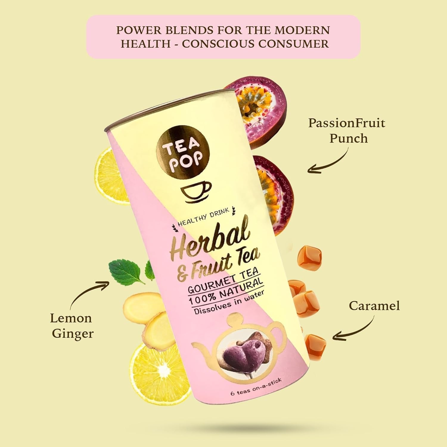 Ceaiuri din plante și fructe Tea-Pop, 6 stickuri Tea-Pop 100% naturale, ceaiuri gourmet vegane cu lămâie și ghimbir, punch de fructe, caramel crocant, ușor solubile în apă