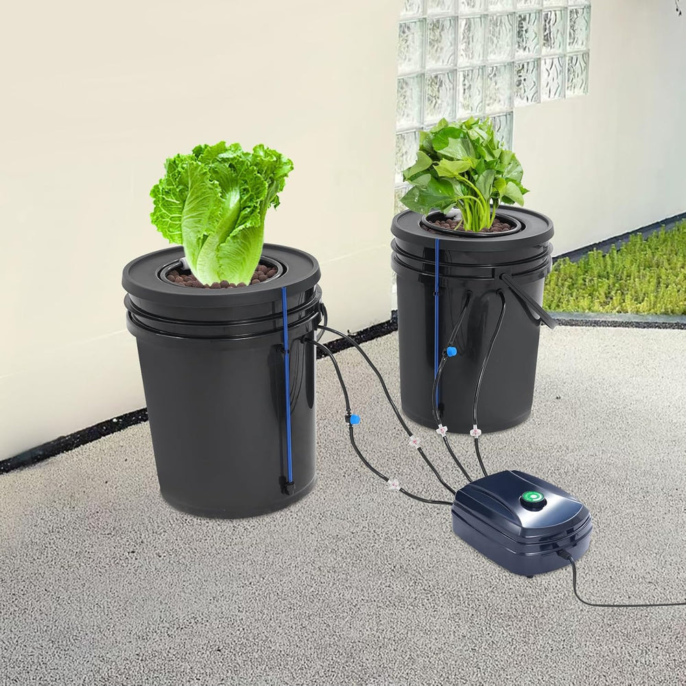 Komplettes DWC-Hydrokultursystem-Set mit 12-W-Luftpumpe, 2 Eimern (5 Gallonen), Hydrokultur-Anbausystem, 2 Beuteln Ceramsite, Topfbewässerungsset