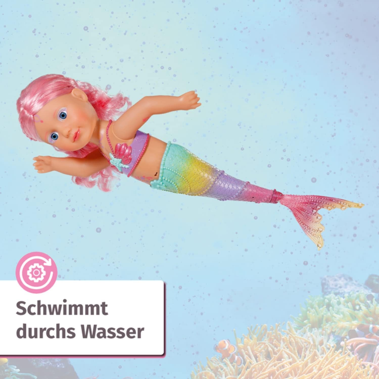 BABY Born Little Sister Mermaid 46 cm, Păpușă sirenă impermeabilă cu păr lung și aripioară mobilă cu sclipici, incl. tiară și pieptene, 833681 Zapf Creation Papusi Naty Shop