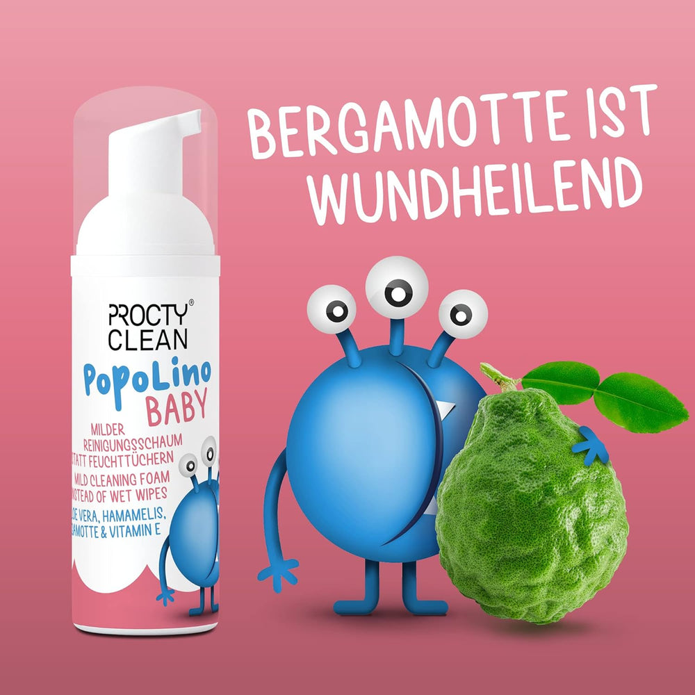 PopoLino Baby-Schaumstoff mit weicher Unterseite anstelle nasser Babytücher. Veganer und natürlicher kosmetischer Reinigungsschaum! Poschaum mit Aloe Vera, Hamamelis, Bergamotte und Vitamin E. Macht Po und Umwelt glücklich.