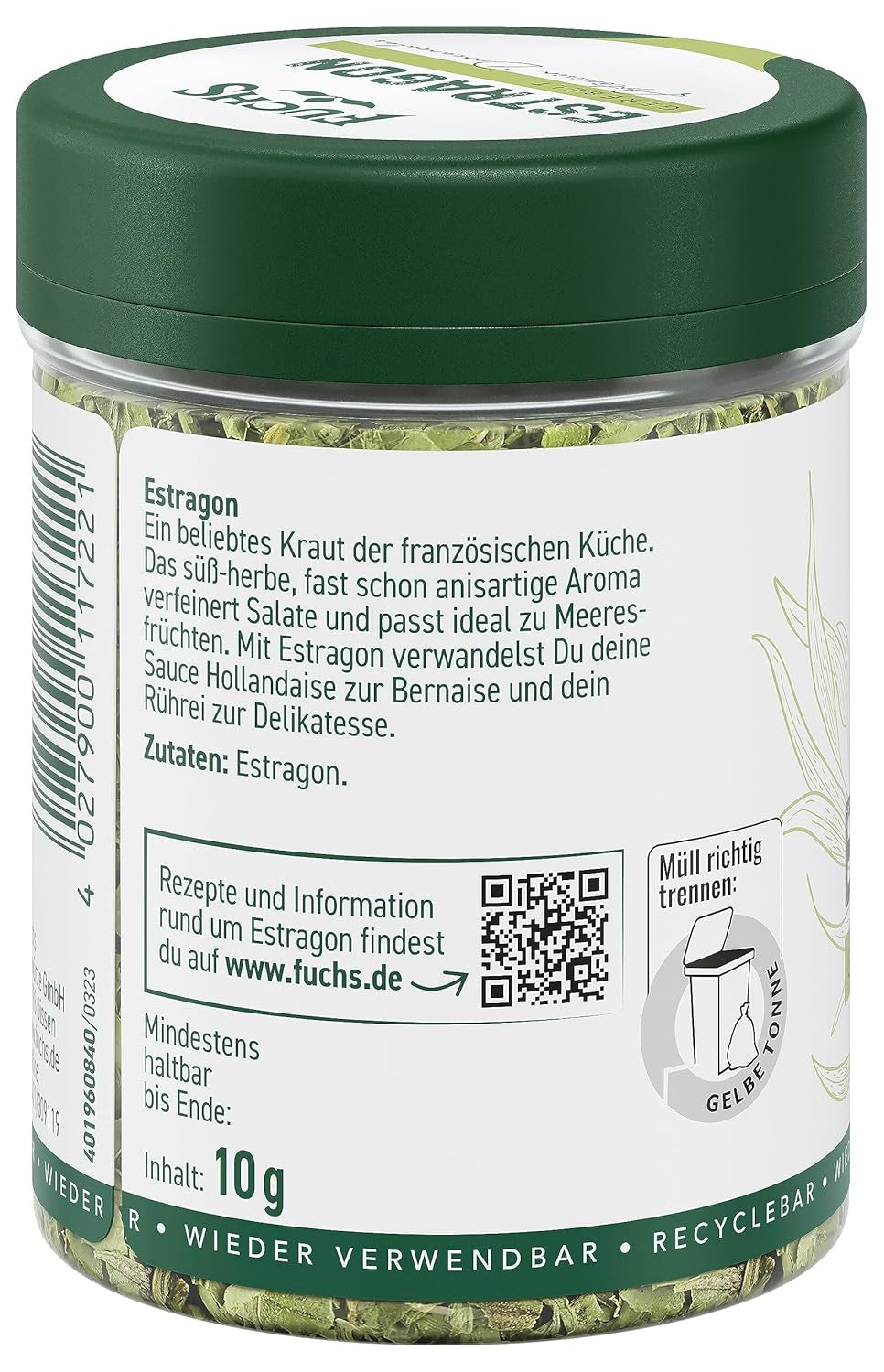 Fuchs Gewürze - Estragon gerebelt - französisches Kraut zur Verfeinerung von Saladen, Sauce Hollandaise oder Rührei - natürliche Zutaten - 10 g in wiederverwendbarer, recyclebarer Dose