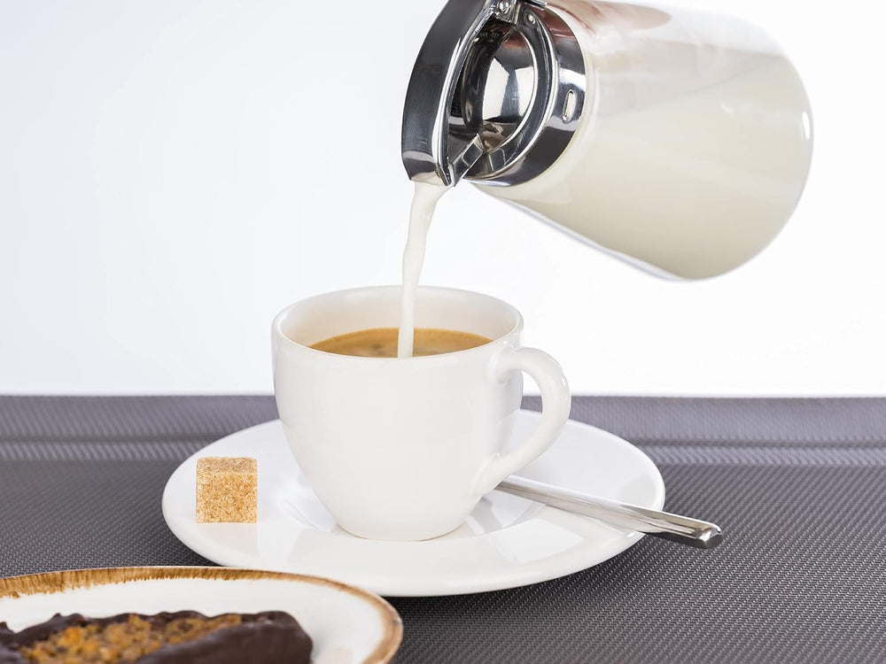 APS 765 Cană universală, cană de turnat din sticlă cu capac filetat din oțel inoxidabil, cană de turnat pentru miere, frișcă de cafea sau alte lichide, 8,5 x 12 cm, 13 cm înălțime