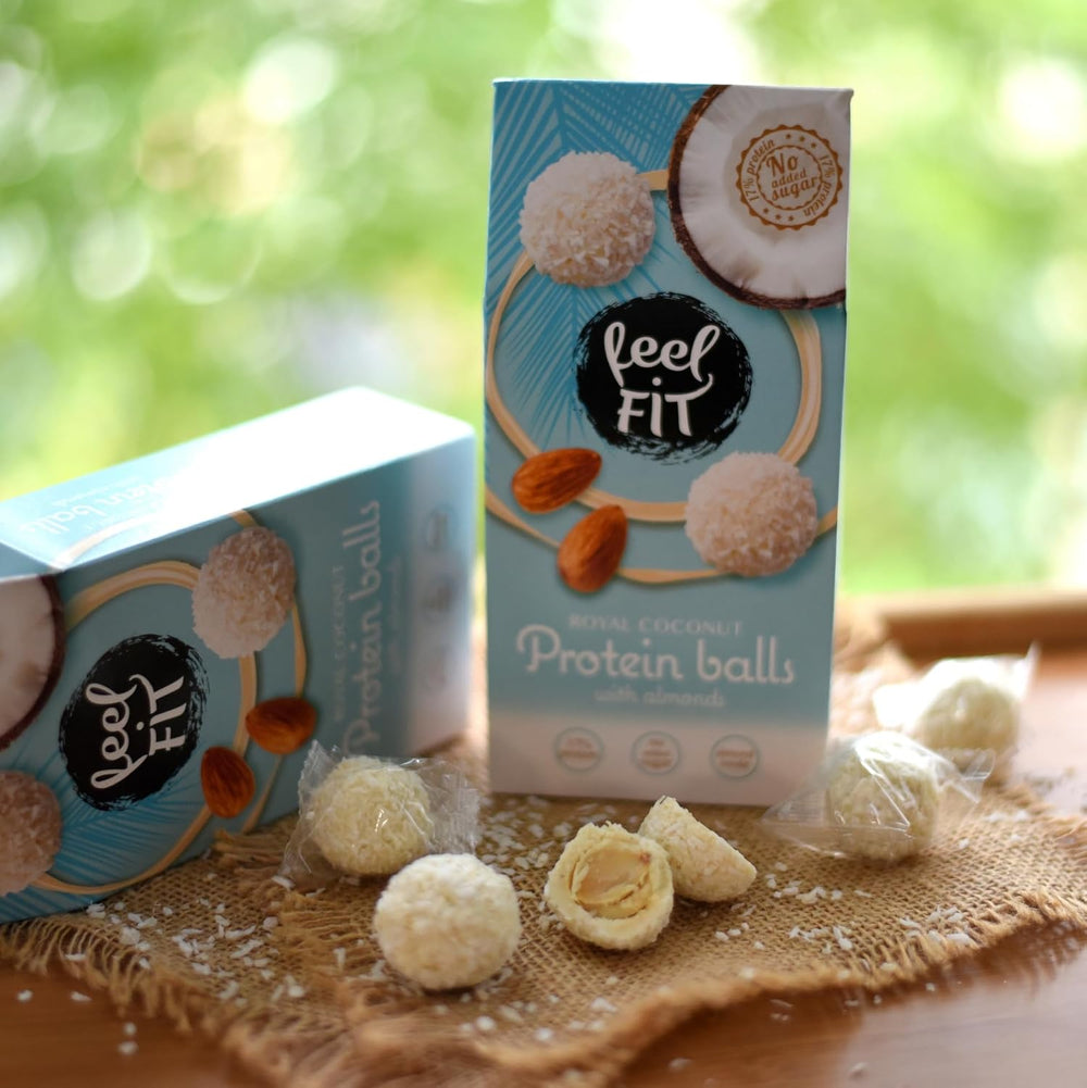 Zuckerfreie Kokospralinen mit Mandeln, Feel FIT, ohne Zuckerzusatz, 17 % Protein, 63 g