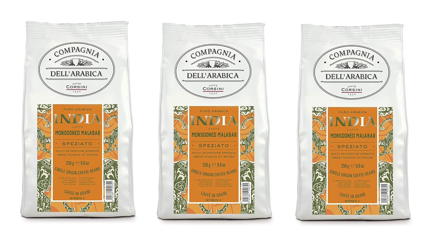 Caffè Corsini - Kaffeebohnen 3x250g Compagnia Dell'Arabica Indien Mousson Malabar, Einzelner Ursprung, Würzig, 750g Gesamt