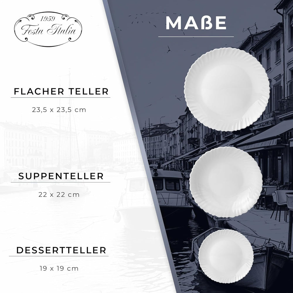 Set de veselă pentru 6 persoane - 18 piese - Set de farfurii din sticlă opal - Set de veselă albă - Set de bol și farfurie - Veselă modernă - Farfurii - Serviciu de masă - Set de veselă pentru 6 persoane