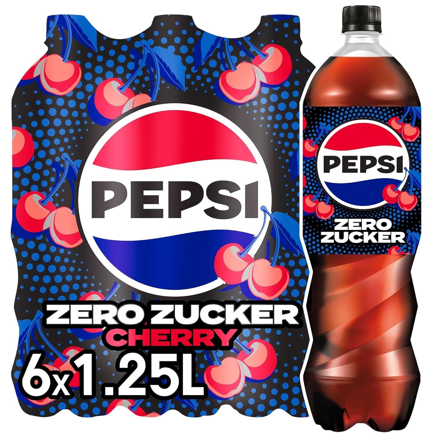 Pepsi Zero Sugar Cherry Zuckerfreies Erfrischungsgetränk mit Kirschgeschmack, koffeinhaltige Cola in einer Flasche, Set 6 x 1,25 Liter, Naty Shop, neue Version