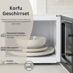 SÄNGER | Set de veselă Corfu cu 24 de piese, serviciu de cină pentru 8 persoane, ceramică lucrată manual, set de farfurii care include farfurii de cină, farfurii de desert și farfurii de sumă, veselă de culoare crem cu textură nisipoasă