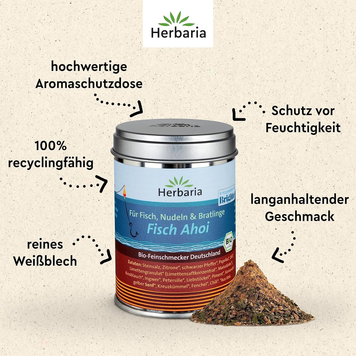 Herbaria Fisch Ahoi bio 85g M-Dose – Fertiges Bio-Gewürzsalz für gebratene oder gegrillte Fischgerichte, Meeresfrüchte und Bratlinge – in nachhaltiger Aromaschutz-Dose