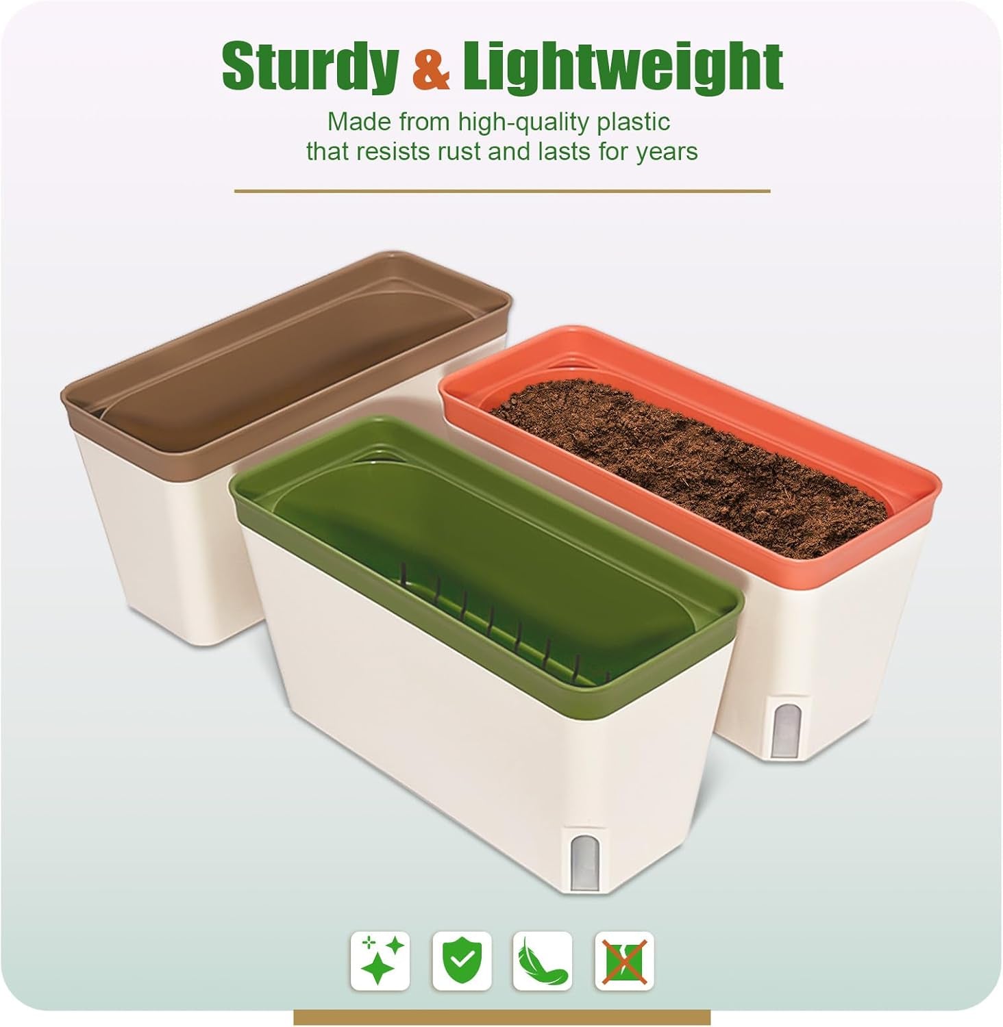 Selbstbewässernde Blumentöpfe, 3er-Set, 27 cm, rechteckige Blumentöpfe, Kräutertöpfe, Fensterbankkästen mit Wassertank, moderne Blumentöpfe aus Kunststoff für den Innen- und Außenbereich, Garten, Büro