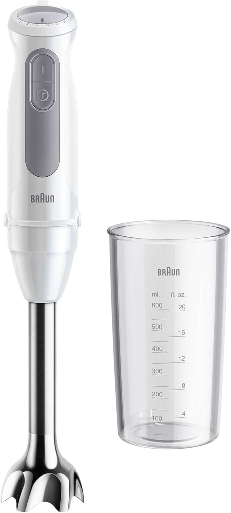 Braun Stabmixer MQ 5200WH - Multiquick 5 Vario Pürierstab Mit Edelstahl Mixfuß, 1000 Watt, Inkl. 600 ml Mix- & Messbecher, Weiß/Grau Kitchen Naty Shop Version 2024 – Stabmixer