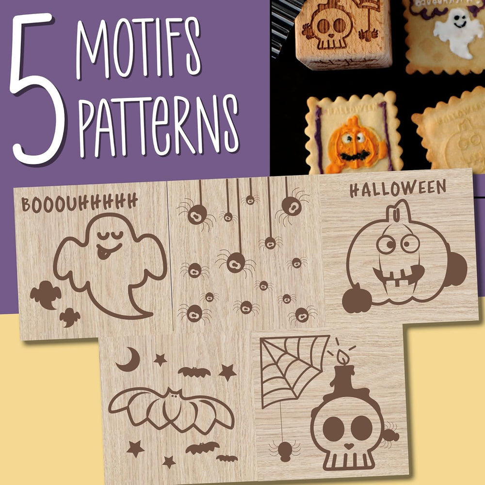 ScrapCooking – Gebäckstempel aus Holz mit Halloween-Mustern – mit 1 Keksausstecher und Würfelausstecher mit 5 erhabenen eingravierten Gesichtern – 5298