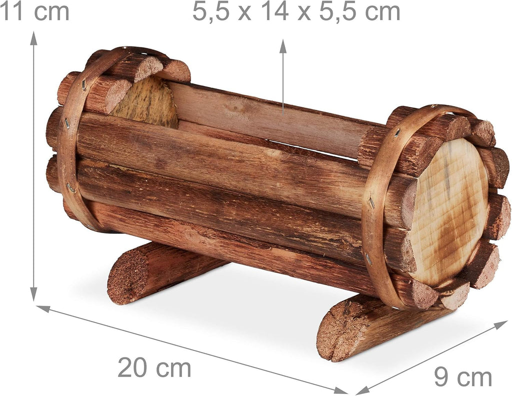 Ghiveci Relaxdays, lemn flambat, 2 piese, decorațiune de grădină, jumătate de butoi pentru flori, design vintage, ÎL: 11x20x9 cm, natural