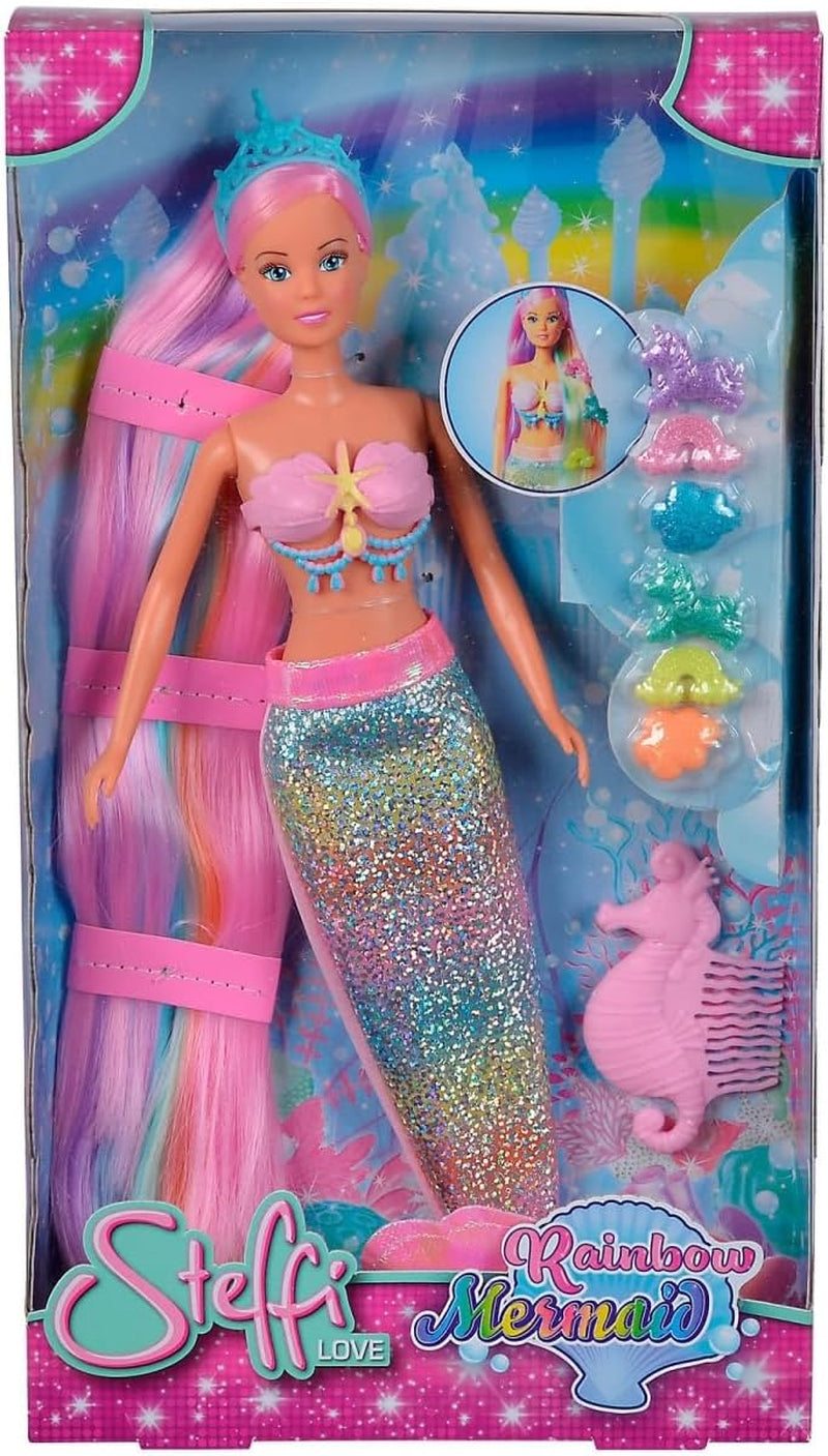 Simba 105733610 - Steffi Love Rainbow Mermaid, Ankleidepuppe als Regenbogen Meerjungfrau mit bunten Haaren, Haarclips, Kamm und Abnehmbarer Flosse, 29cm Spielpuppe, ab 3 Jahren