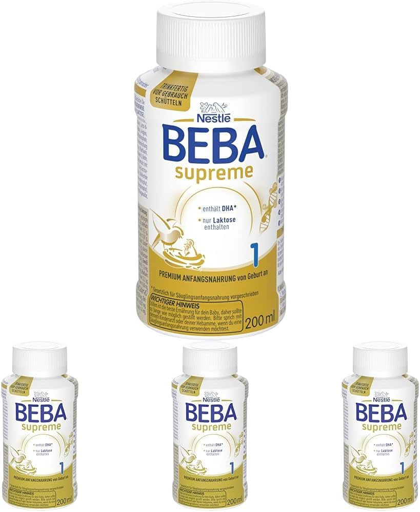 BEBA Nestlé BEBA SUPREME 1 Säuglingsmilch: trinkfertige Flaschen mit Omega 3, 4er Pack (1 x 200 ml)