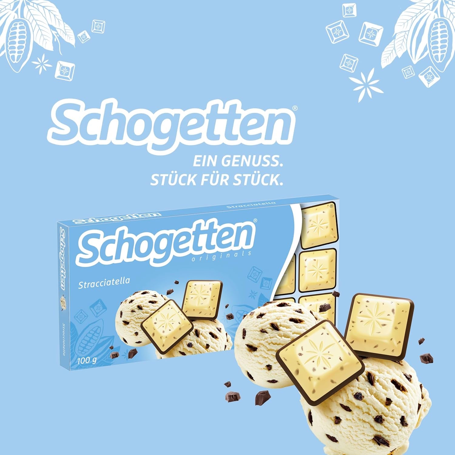 Schogetten Stracciatella Schokoriegel 100g, einzeln portioniert. Eine Freude. Stück für Stück.