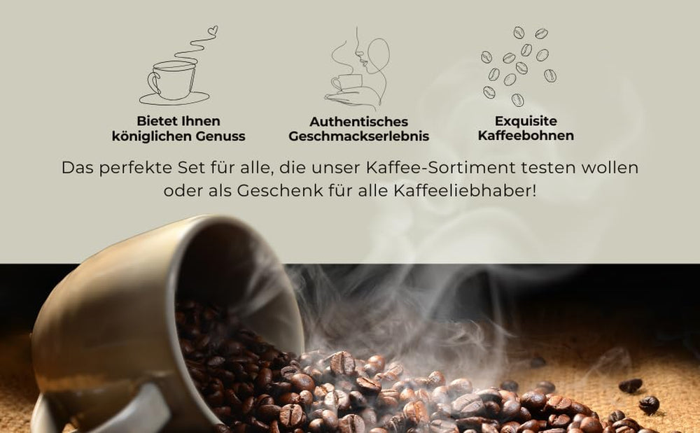 Probierset Kaffee und Espresso | Ganze Bohne oder Gemahlen – 6 Sorten Café & Espresso | Aromatisch & Vollmundig Perfekt zum Testen oder als Geschenk