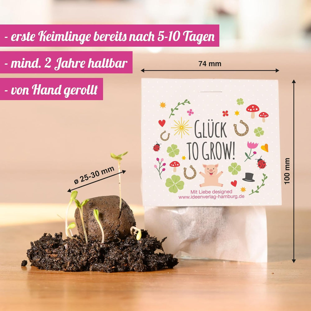 10x „Glück to grow“ Semenbomben als Glückbringer 2026 & Blumensamen Geschenk | Mitbringsel Erwachsene & kleine Gastgeschenke Silvester - Kleeblatt Glückbringer Prüfung - inkl. Geschenkkarten-Set