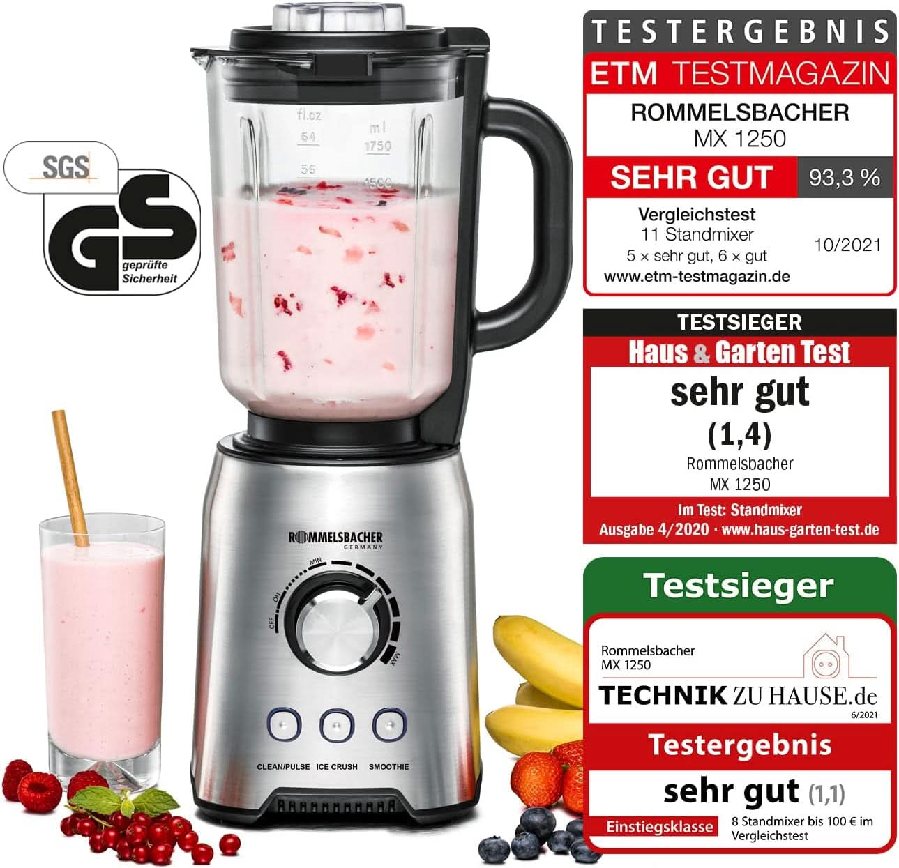 ROMMELSBACHER Standmixer MX 1250-22.000 U/Min, Stufenlose Drehzahlregulierung, Funktionstasten (Smoothie, Clean/Pulse, Ice Crush), Glaskrug, Edelstahlgehäuse, Spezialmesser, 1200 Watt Kitchen Naty Shop
